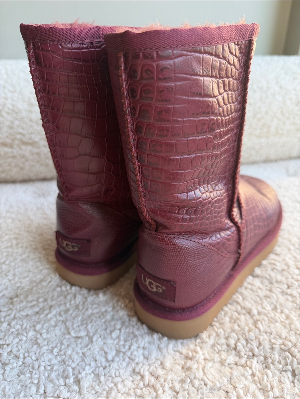 UGG Women's Burgundy Croc-Embossed Short Shearling Boot